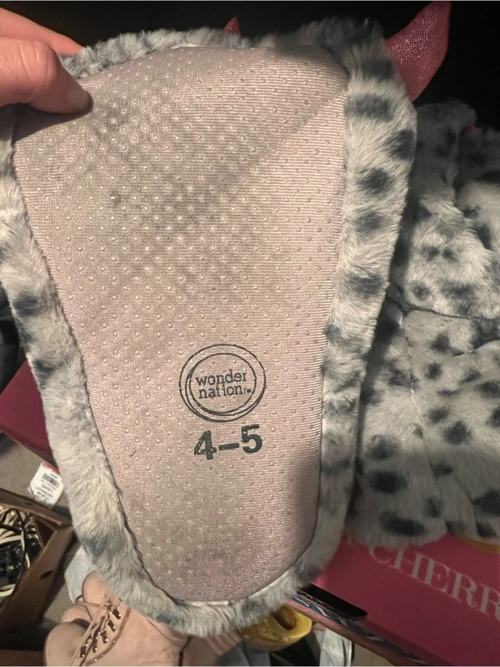 wonder nation Gray Leopard Faux Fur Slippers with Pink Trim